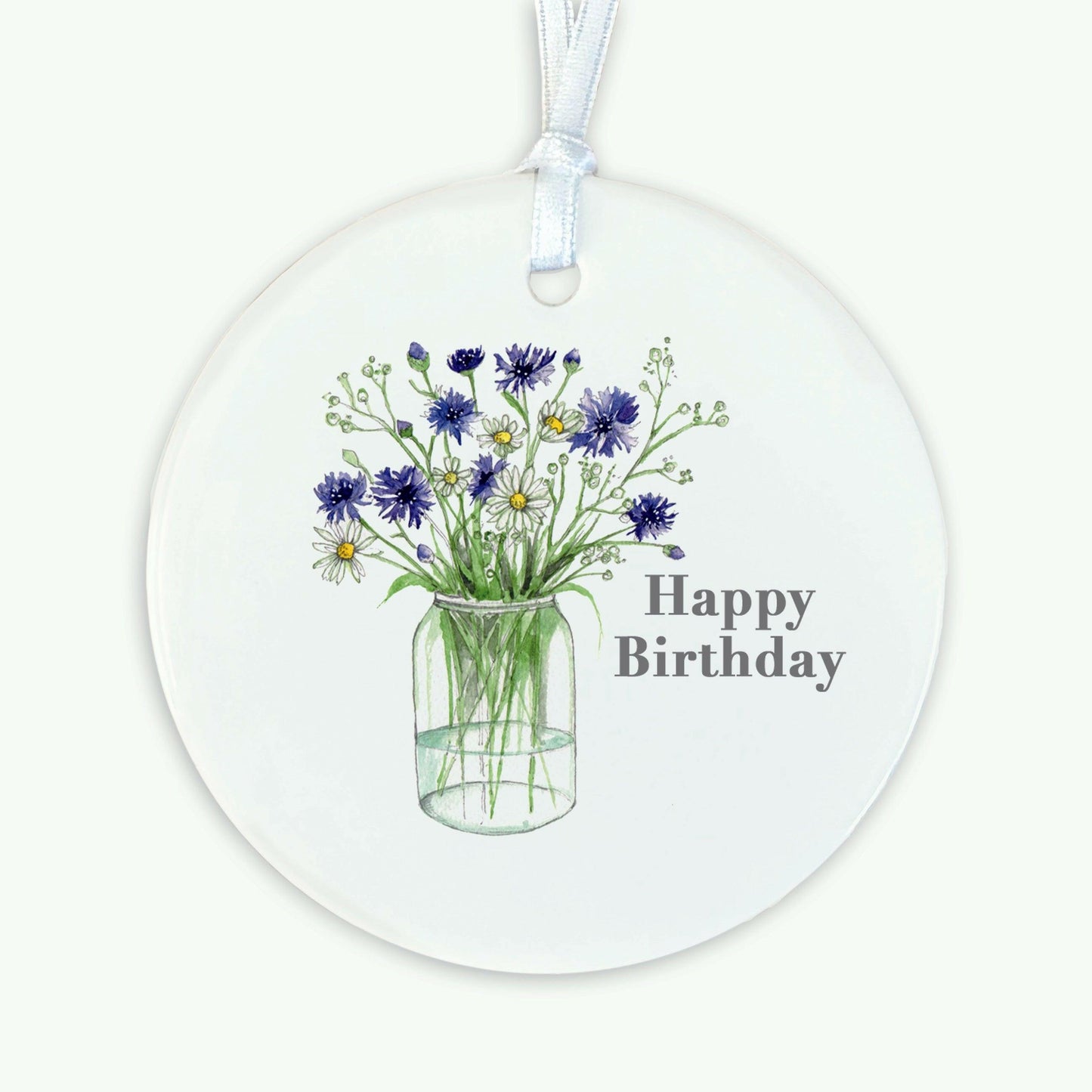 Ceramic Keepsake Hanging Decoration - A6 Birthday Greeting Card with Ceramic Keepsake - Cornflowers Happy Birthday Birthday Card - Crumble and Core