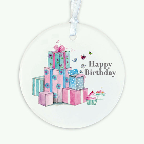 Ceramic Keepsake Hanging Decoration - A6 Birthday Greeting Card with Ceramic Keepsake - Pretty Presents Happy Birthday - Crumble and Core