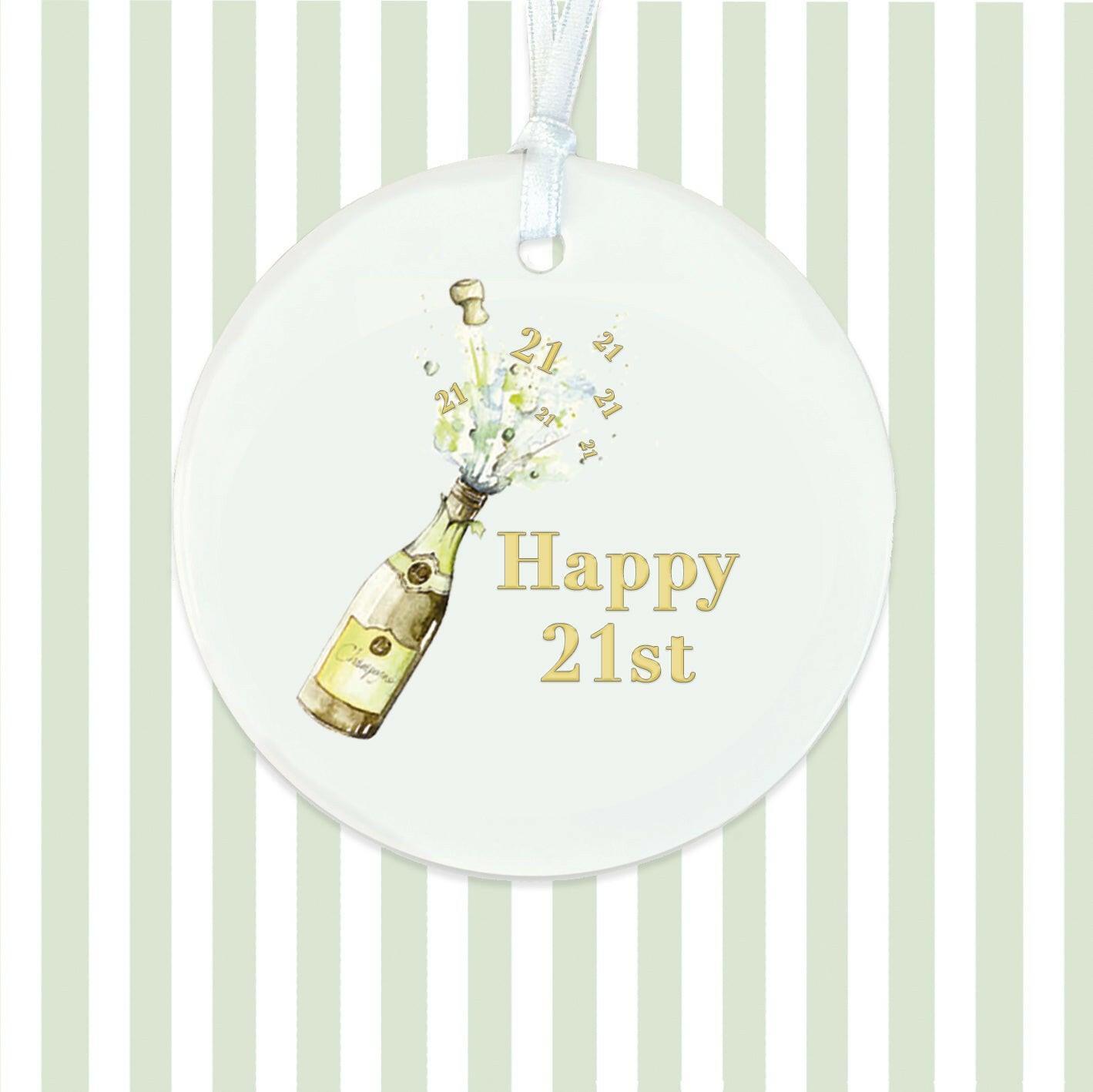 Hanging Ceramic Decoration - 21st Birthday Champagne Keepsake Gift - Crumble and Core