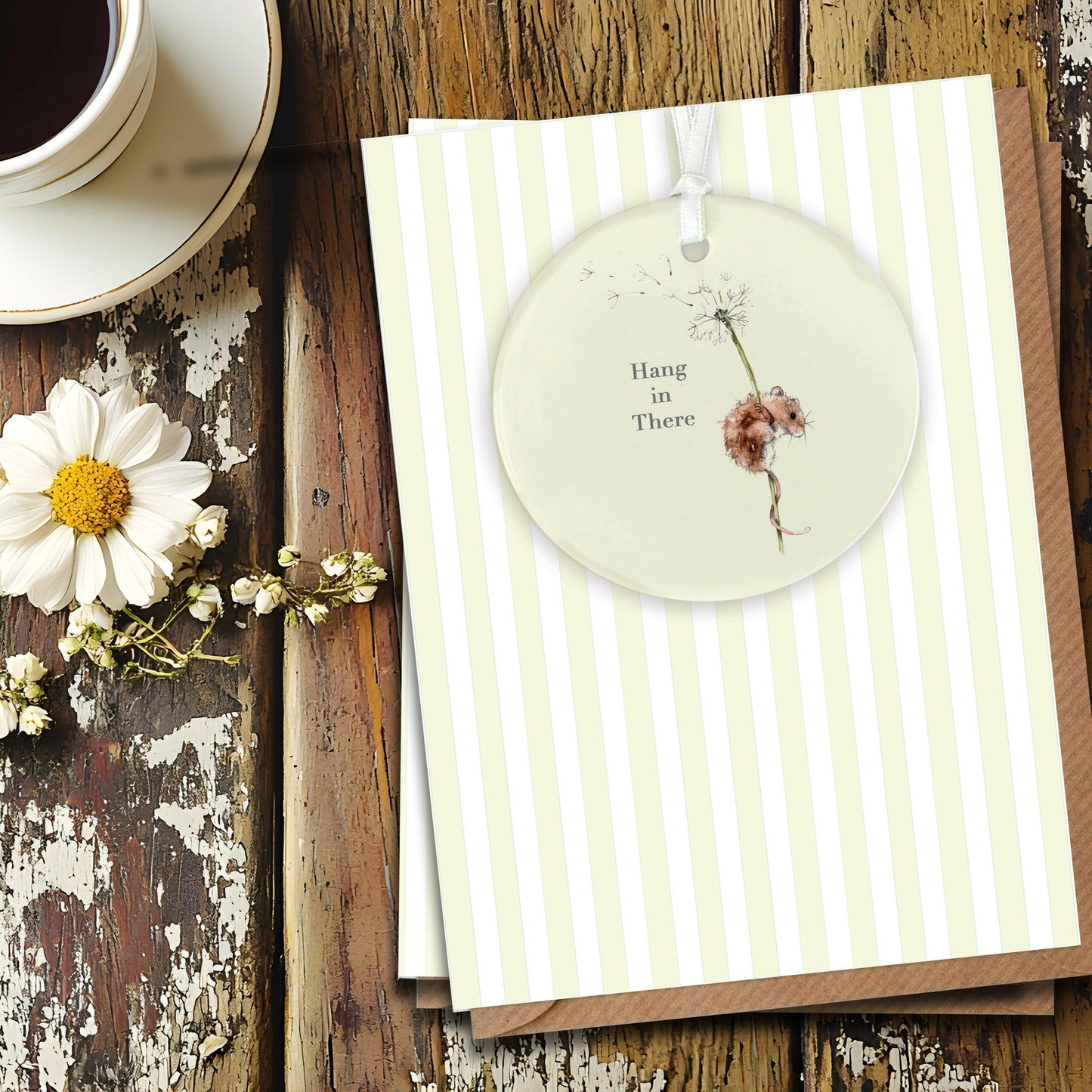 Ceramic Keepsake Hanging Decoration - A6 Greeting Card with Ceramic Keepsake - Mouse Hang In There - Crumble and Core