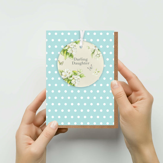 Ceramic Keepsake Hanging Decoration - A6 Greeting Card with Ceramic Keepsake - Blossom Cream Daughter - Crumble and Core