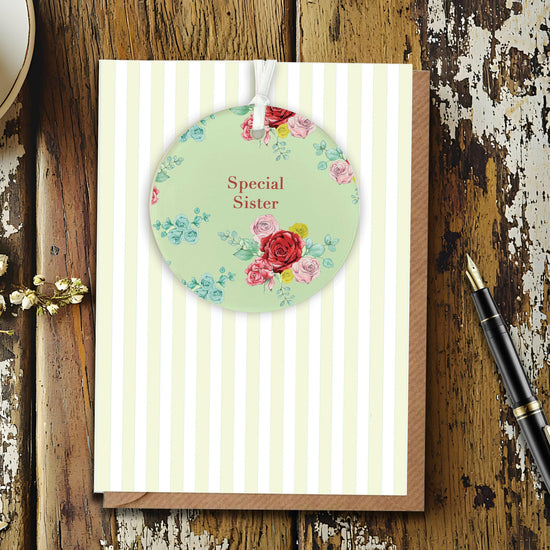 Ceramic Keepsake Hanging Decoration - A6 Greeting Card with Ceramic Keepsake - Rose Green Sister - Crumble and Core