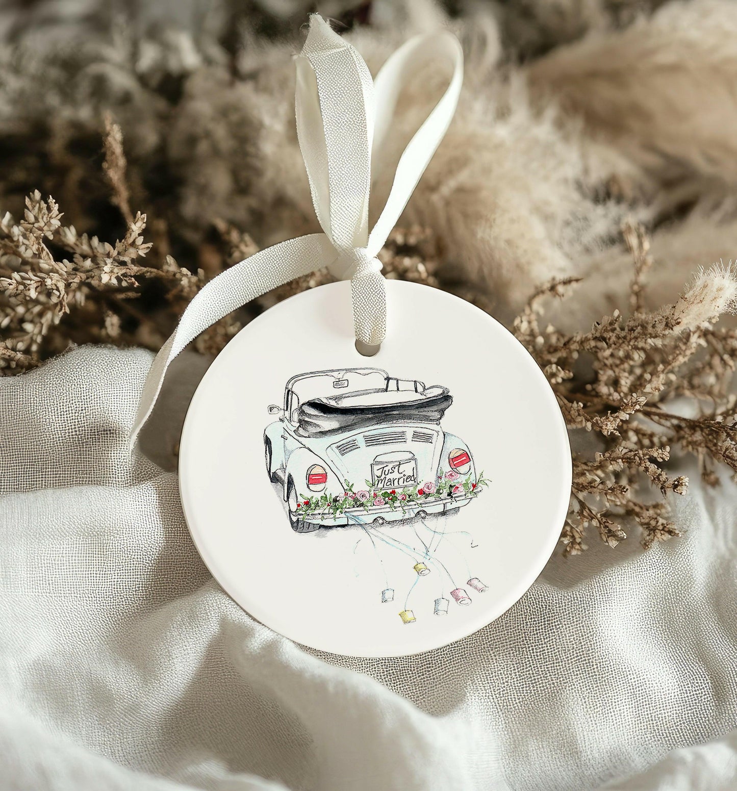 Ceramic Keepsake Hanging Decoration - A6 Greeting Card with Ceramic Keepsake - Wedding Car - Crumble and Core