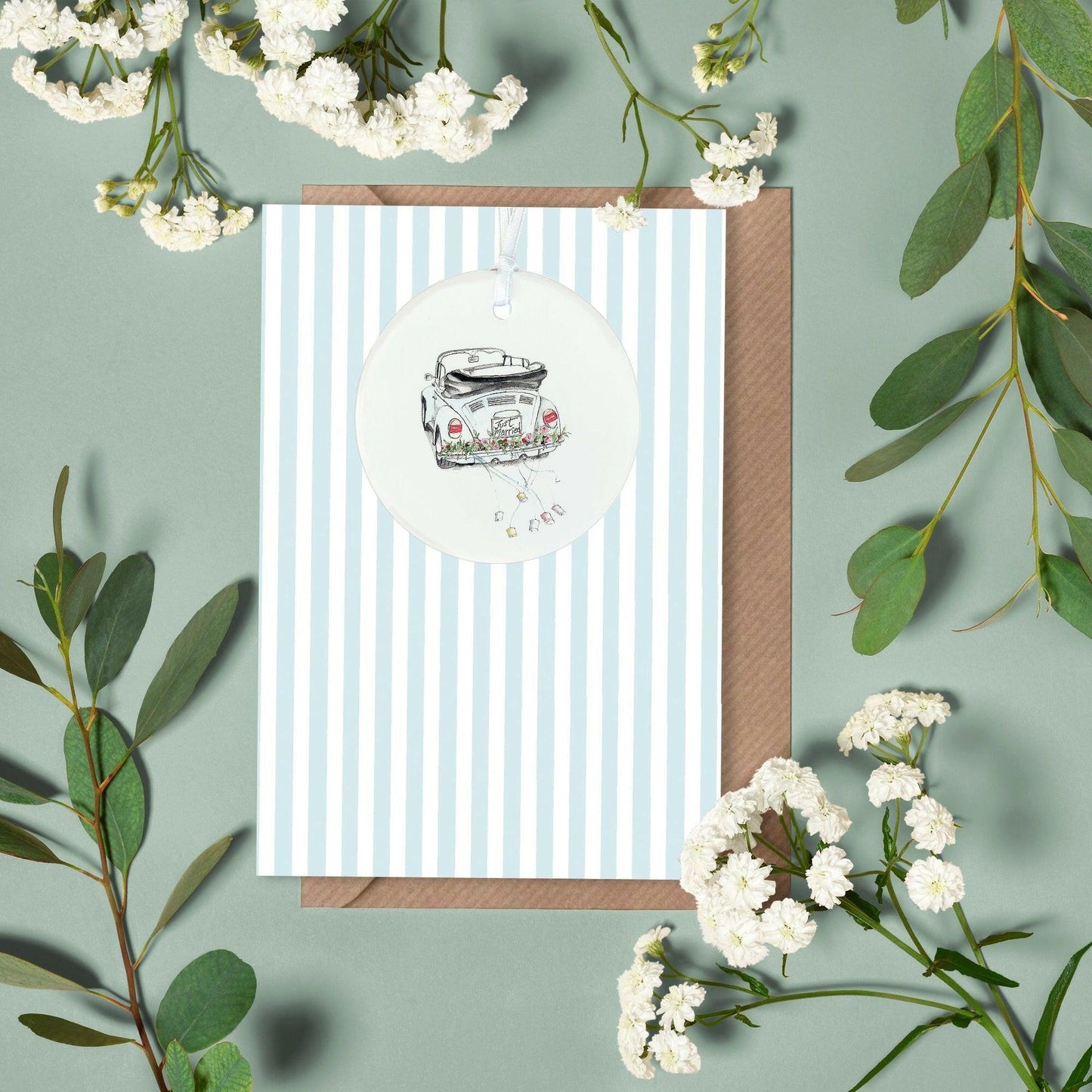 Ceramic Keepsake Hanging Decoration - A6 Greeting Card with Ceramic Keepsake - Wedding Car - Crumble and Core
