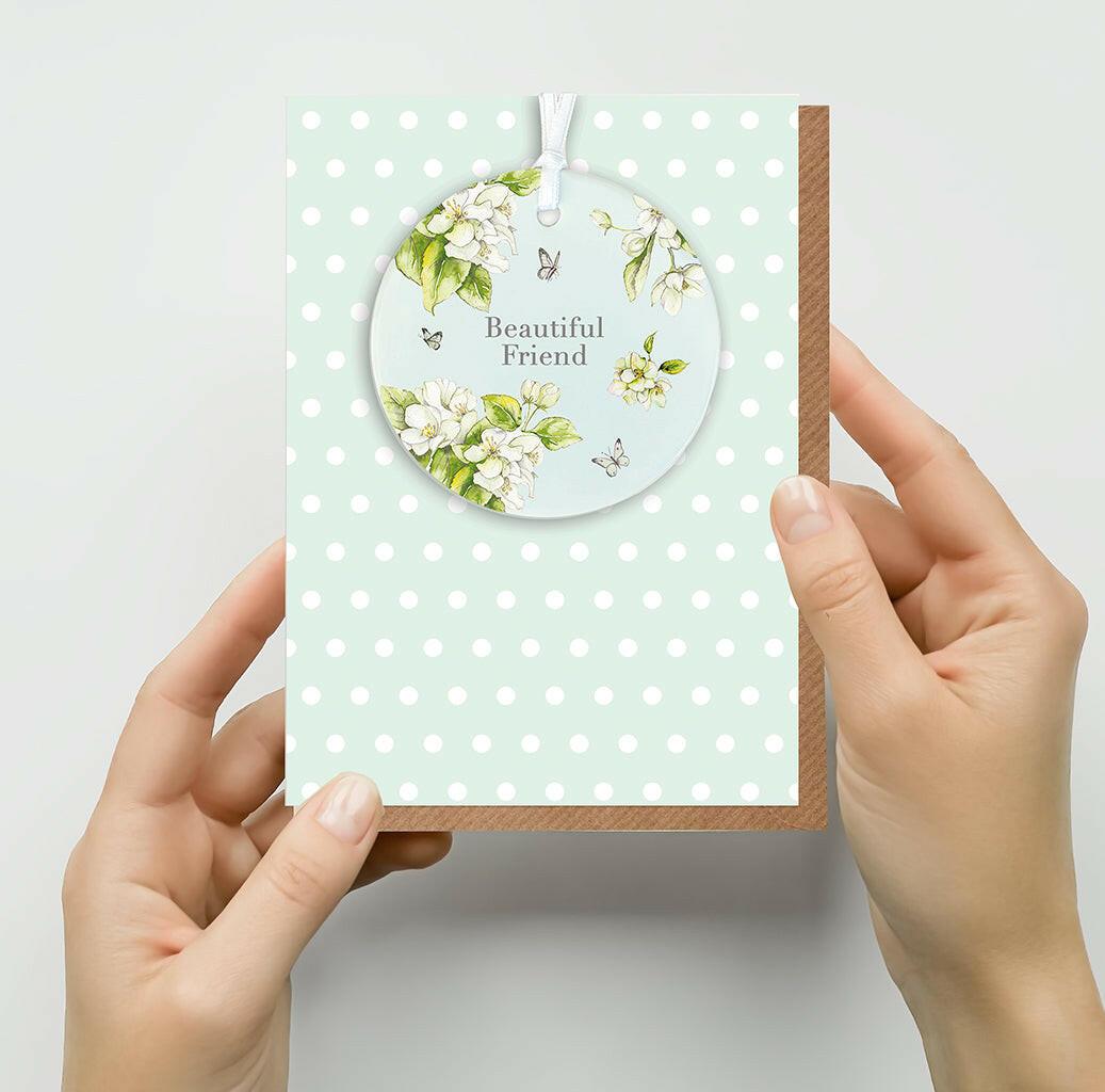 Ceramic Keepsake Hanging Decoration - A6 Greeting Card with Ceramic Keepsake - Blossom Blue Beautiful Friend - Crumble and Core