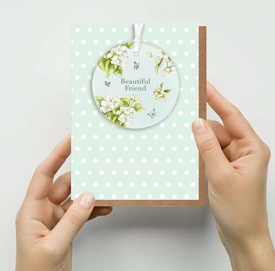 Ceramic Keepsake Hanging Decoration - A6 Greeting Card with Ceramic Keepsake - Blossom Blue Beautiful Friend - Crumble and Core