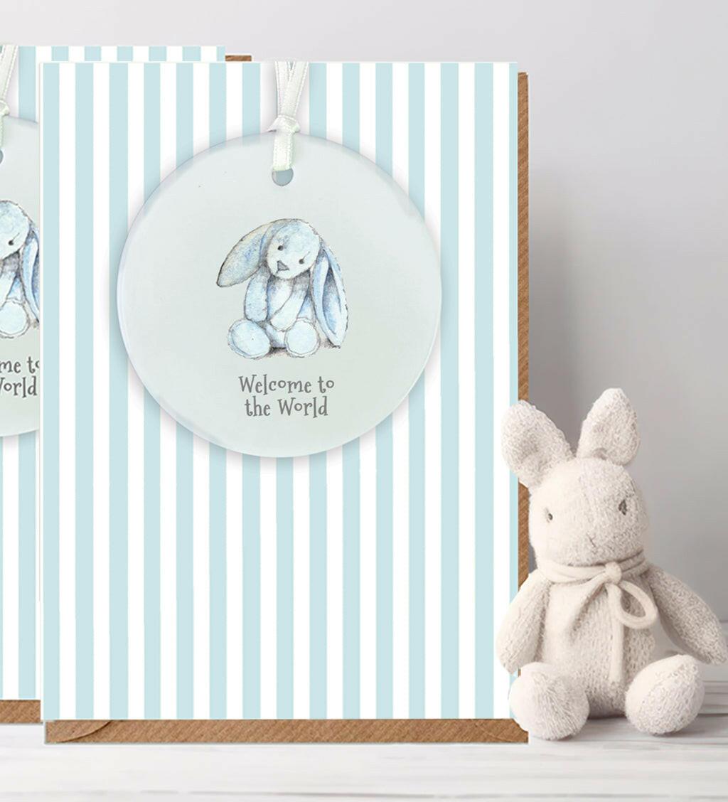 Ceramic Keepsake Hanging Decoration - A6 Greeting Card with Ceramic Keepsake - Baby Boy Bunny - Crumble and Core