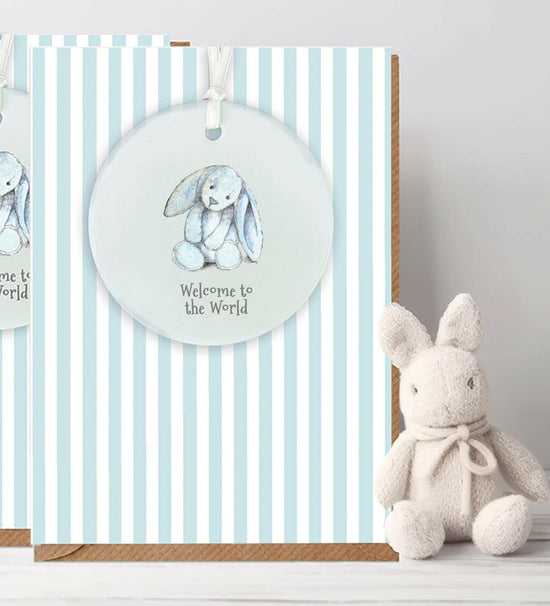 Ceramic Keepsake Hanging Decoration - A6 Greeting Card with Ceramic Keepsake - Baby Boy Bunny - Crumble and Core