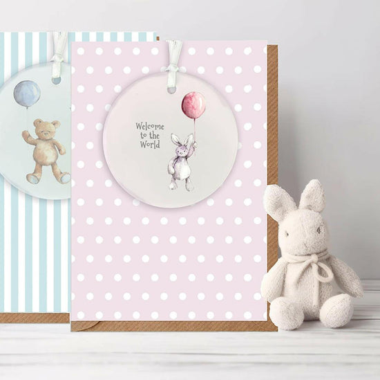 Ceramic Keepsake Hanging Decoration - A6 Greeting Card with Ceramic Keepsake - Baby Girl Teddy and Balloon - Crumble and Core