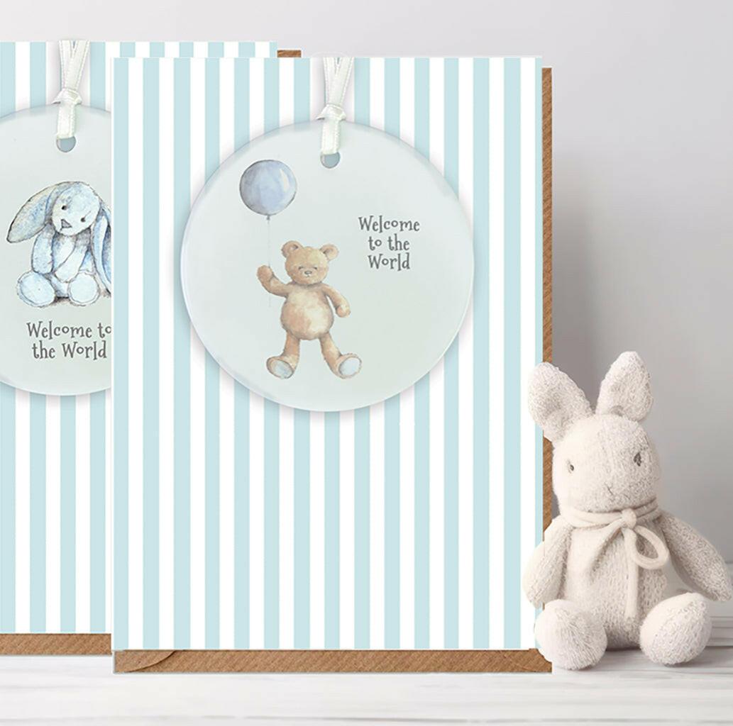 Ceramic Keepsake Hanging Decoration - A6 Greeting Card with Ceramic Keepsake - Baby Boy Teddy and Balloon - Crumble and Core