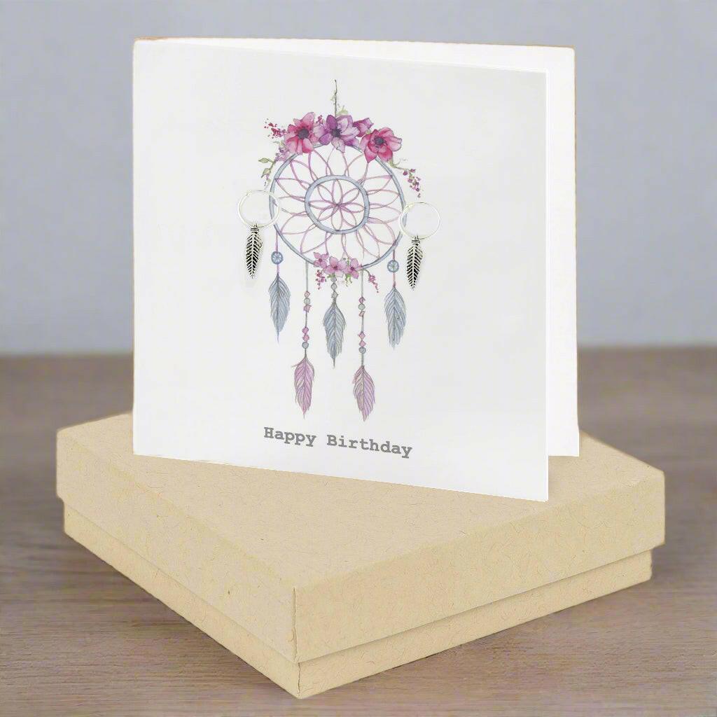 Sterling Silver Feather Stud Earrings on Dreamcatcher Birthday Card - Thoughtful Gift Idea - Crumble and Core