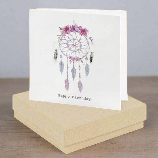 Sterling Silver Feather Stud Earrings on Dreamcatcher Birthday Card - Thoughtful Gift Idea - Crumble and Core