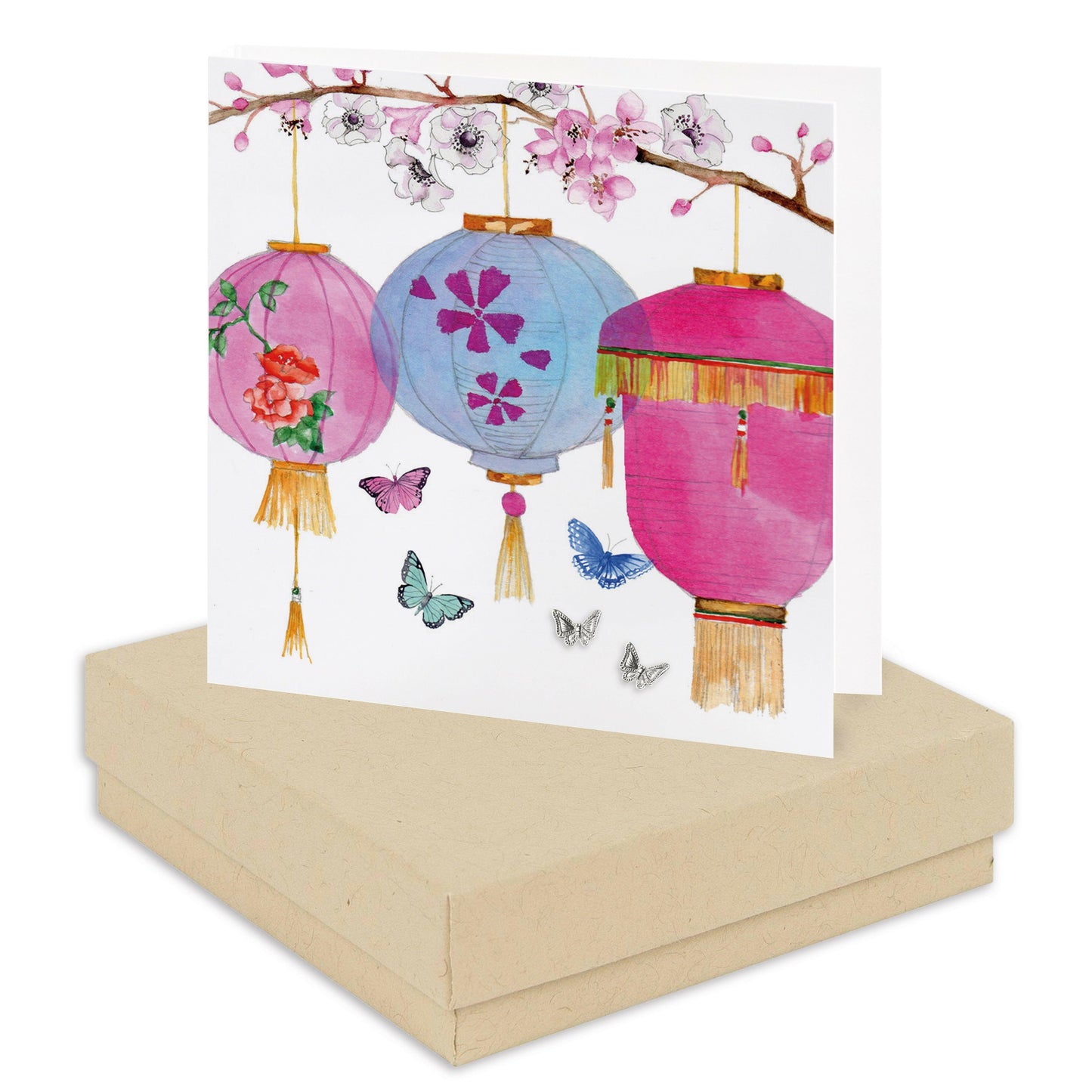 Sterling Silver Butterfly Stud Earrings with Chinese Design - Gift Box and Card Included - Crumble and Core