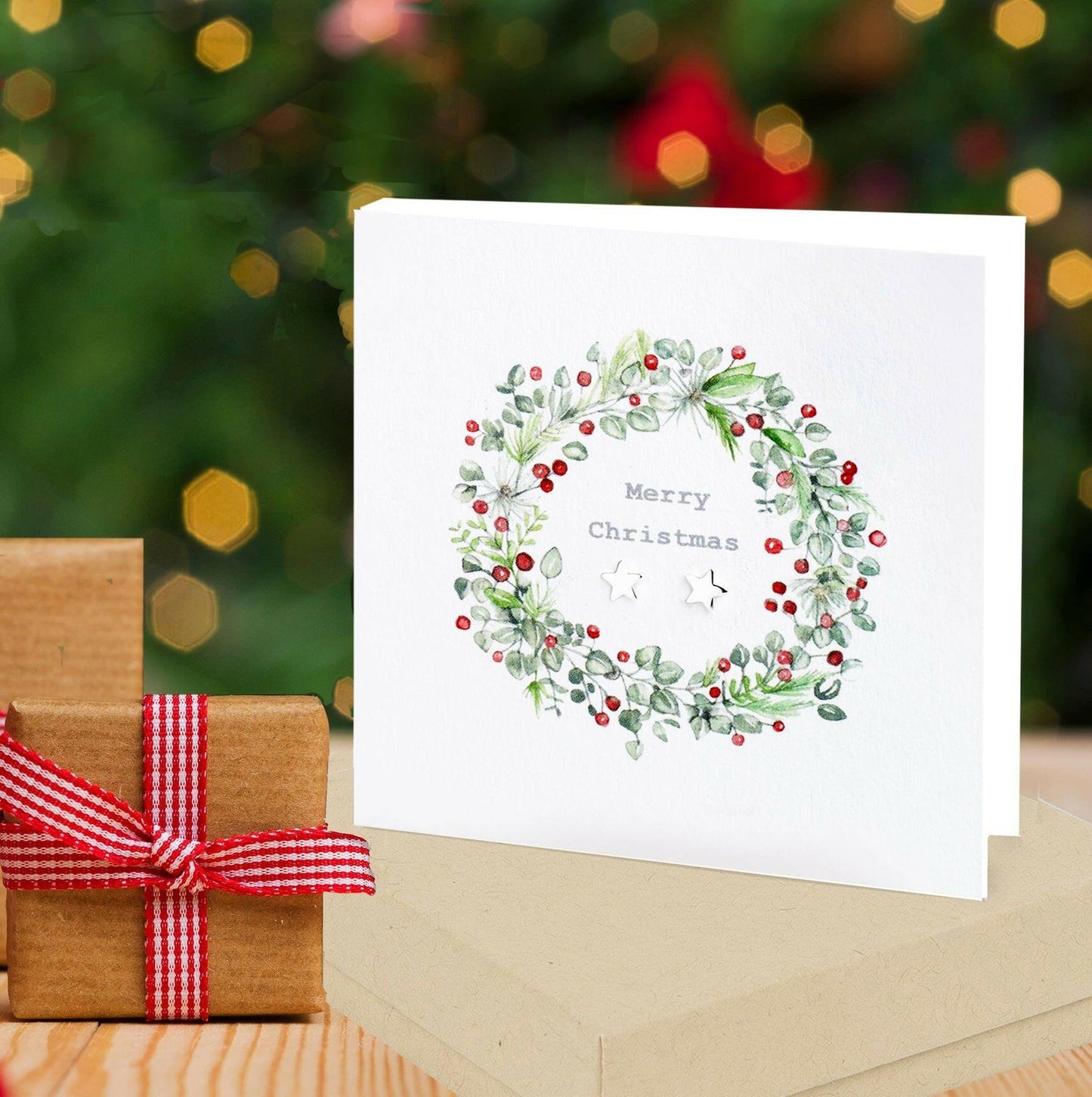 Sterling Silver Stud Earrings - Boxed Christmas Wreath Card - Gift Card - Festive and Elegant Gift for Her - Crumble and Core