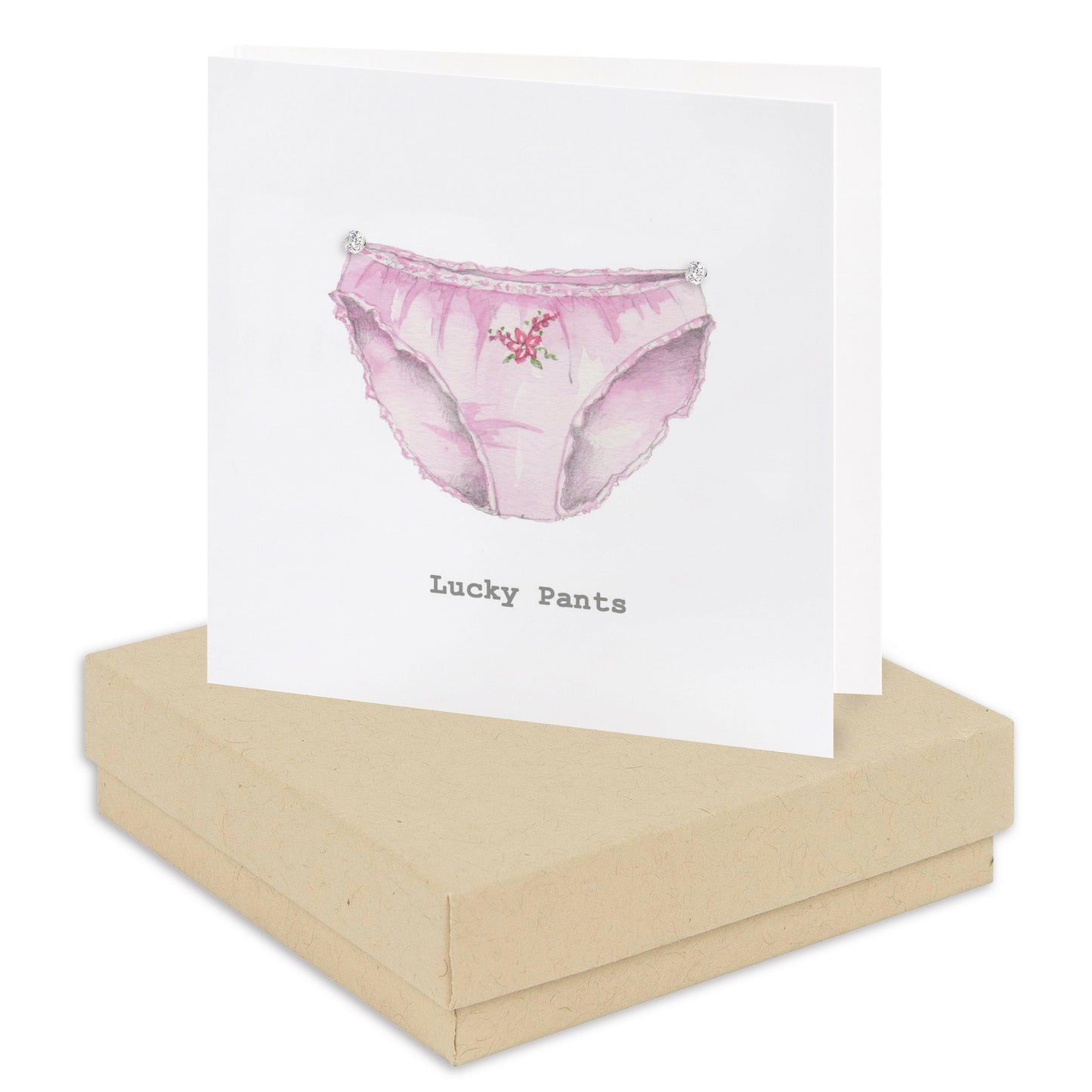 Crumble and Core greeting card with pink illustrated pants and Lucky Pants text, boxed gift