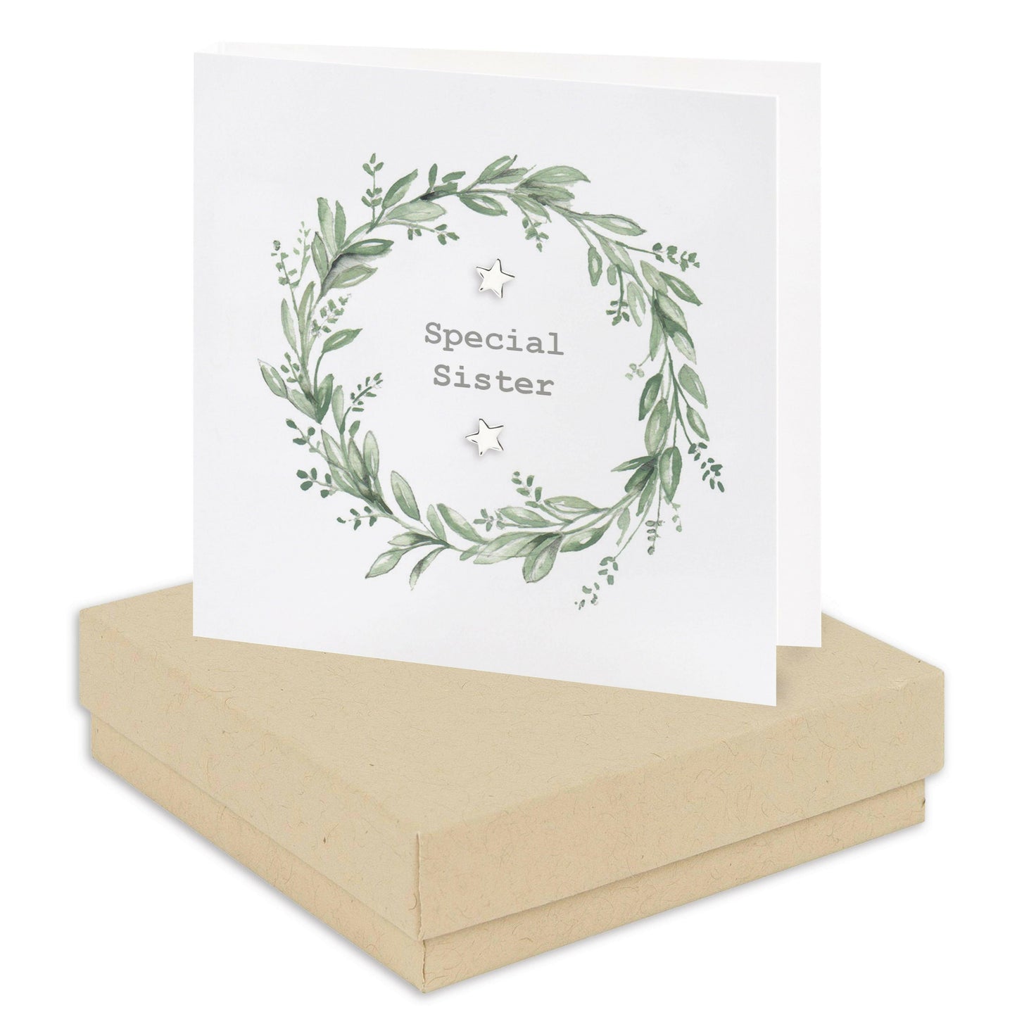 Crumble and Core handcrafted 'Special Sister' wreath card with star accents in a gift box