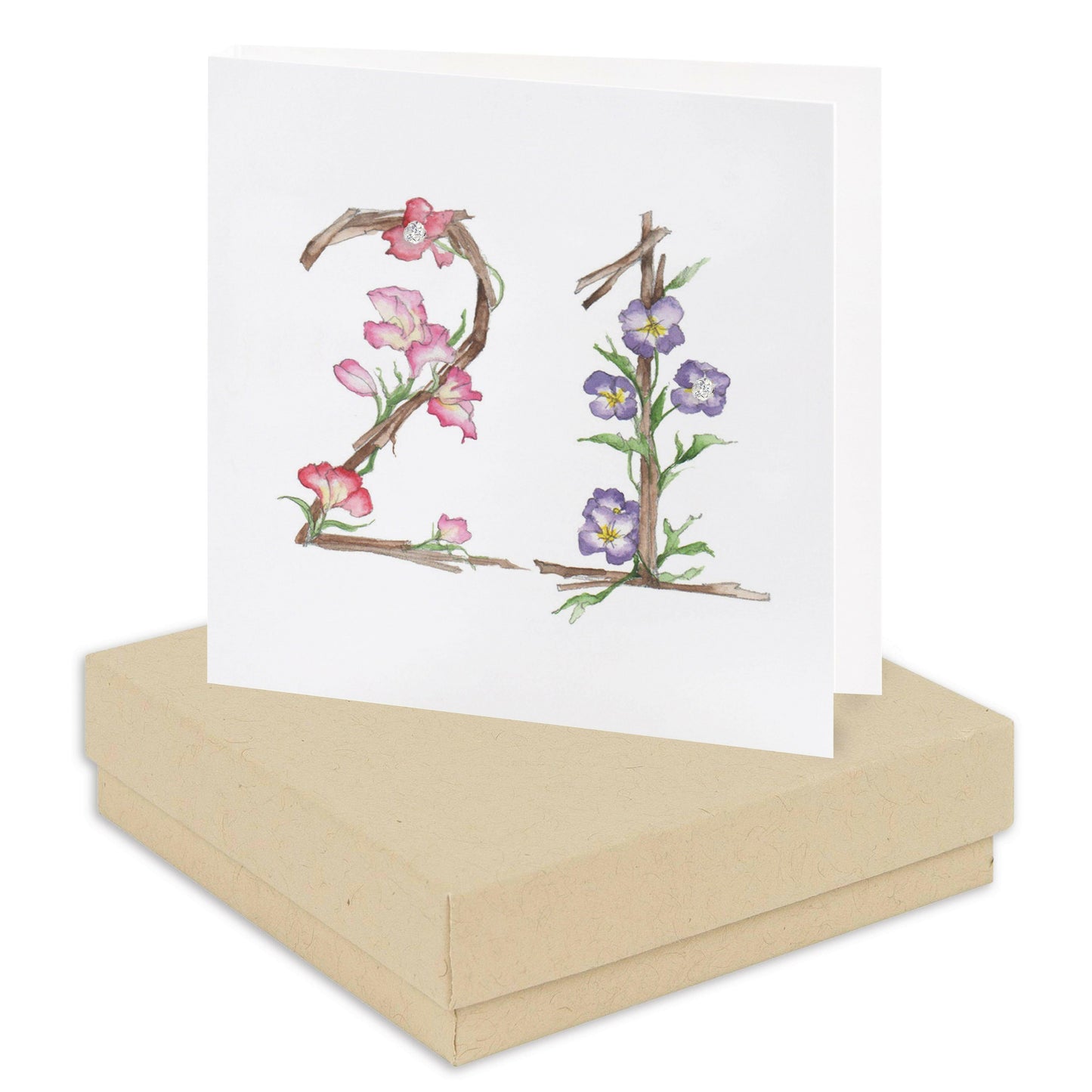 Floral 21st birthday card on kraft gift box, handcrafted by Crumble and Core UK