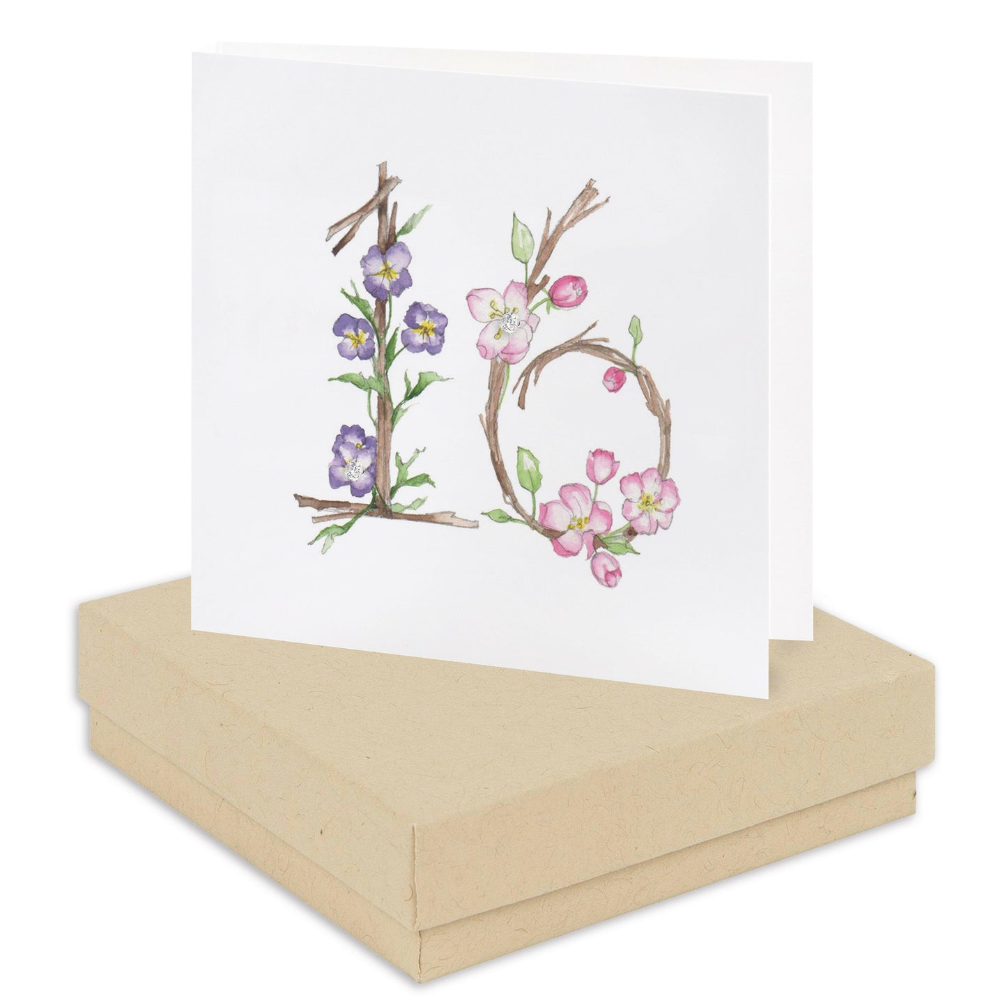 Floral number 16 birthday card on kraft gift box, Crumble and Core handcrafted design