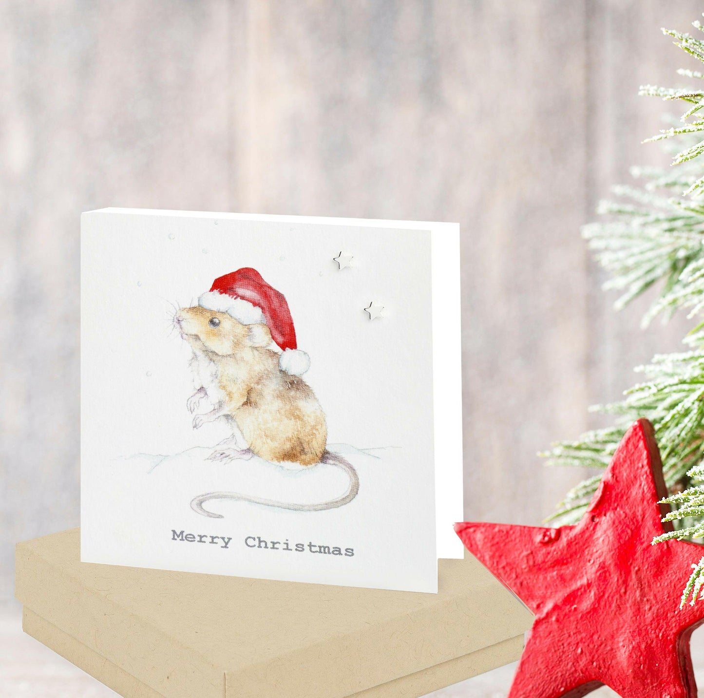 Sterling Silver Star Stud Earrings with Christmas Mouse Card - Boxed Gift Card Included - Crumble and Core