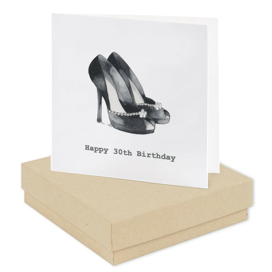 Sterling Silver Stud Earrings with 30th Birthday Card - Elegant Boxed Gift with Black Shoes Design - Crumble and Core