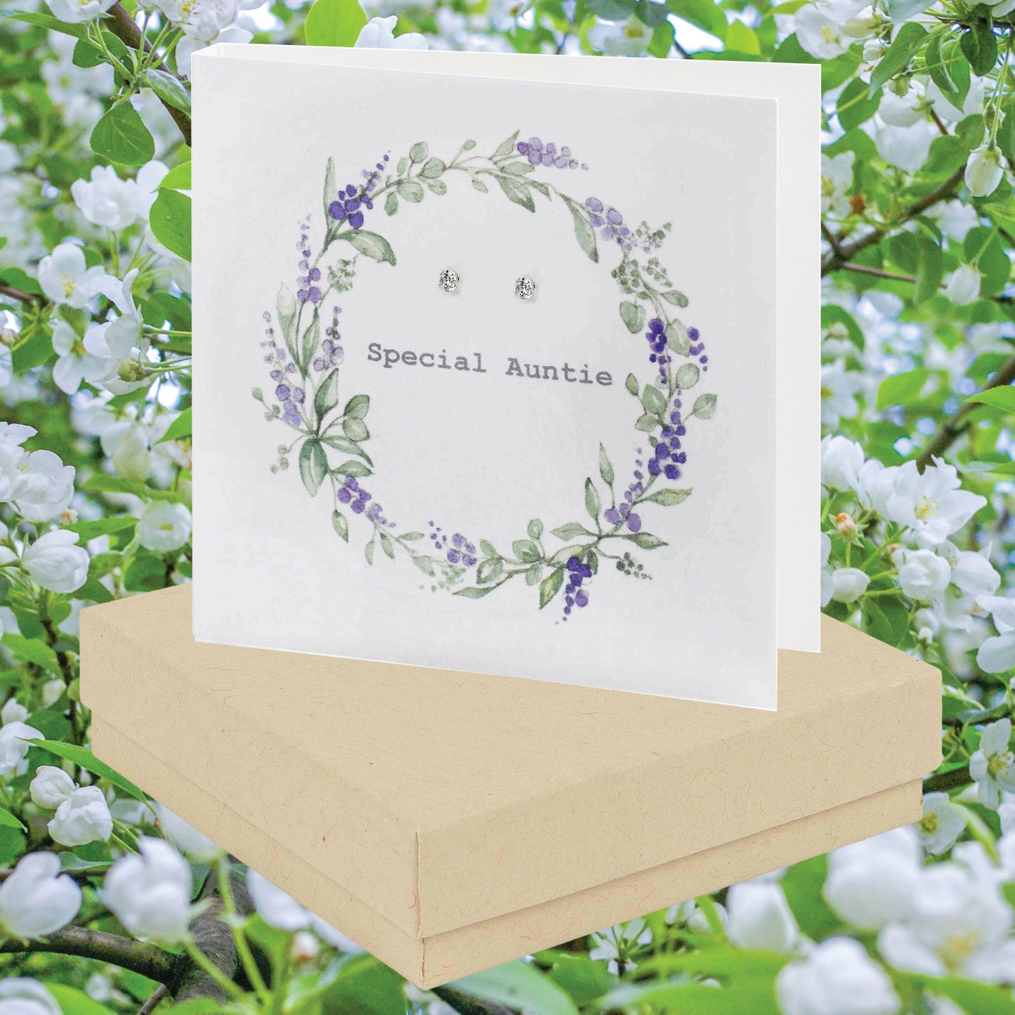 Sterling Silver Stud Earrings with Lavender Wreath Card for Special Auntie in Gift Box - Crumble and Core