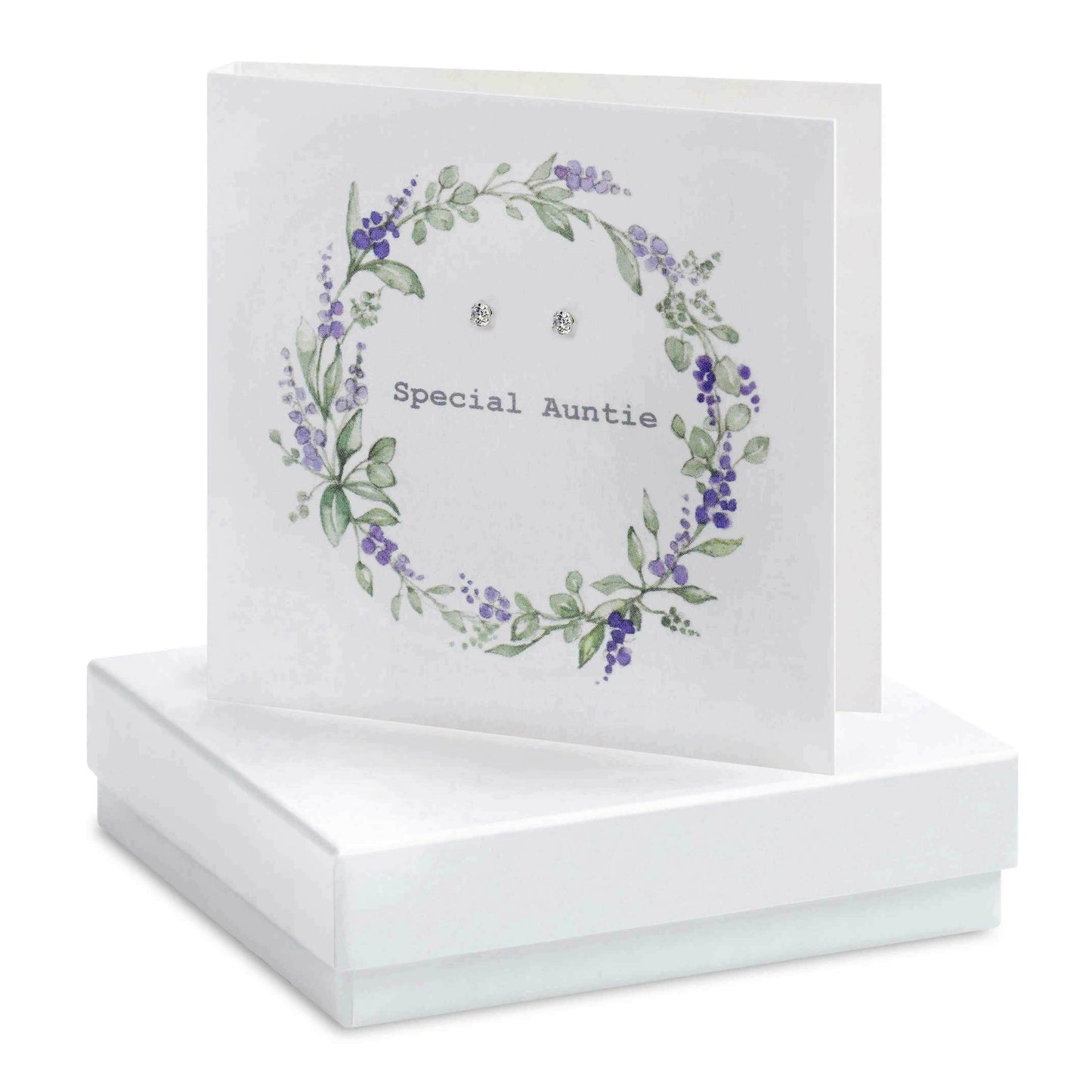 Sterling Silver Stud Earrings with Lavender Wreath Card for Special Auntie in Gift Box - Crumble and Core