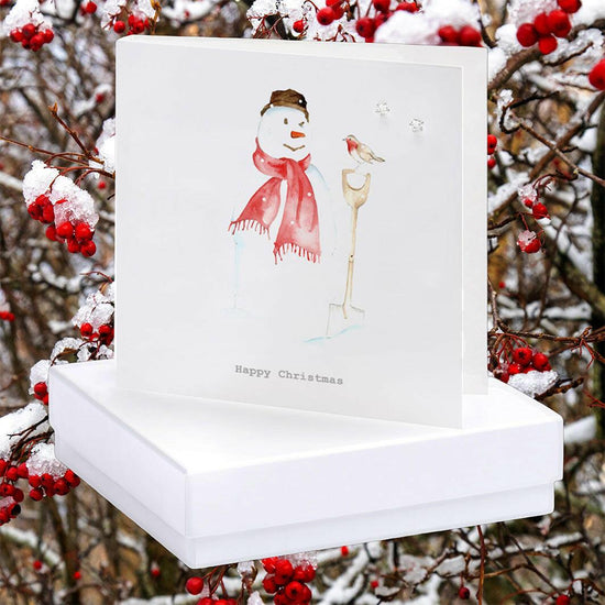 Sterling Silver Stud Earrings on Card in Box - Perfect for Christmas - Christmas Snowman - Crumble and Core