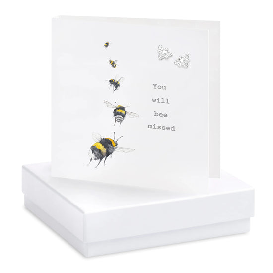 Sterling Silver Bee Stud Earrings - Miss You Card Boxed Gift Set - Crumble and Core
