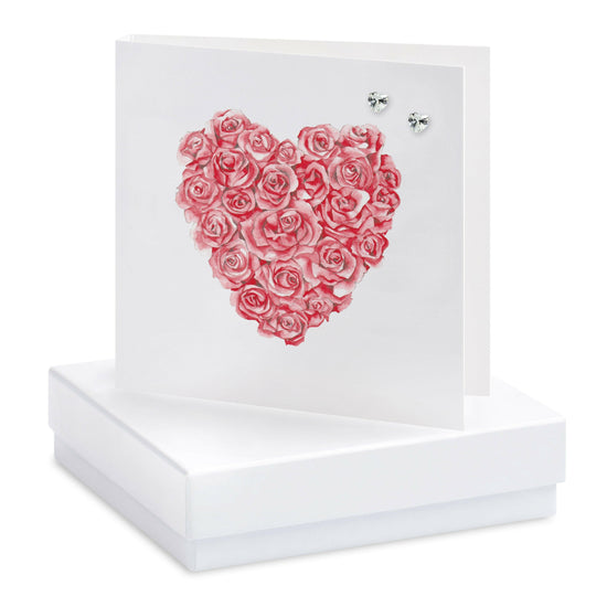 Red Rose Card with Sterling Silver Heart Earrings - Elegant Gift Boxed Jewellery - Crumble and Core