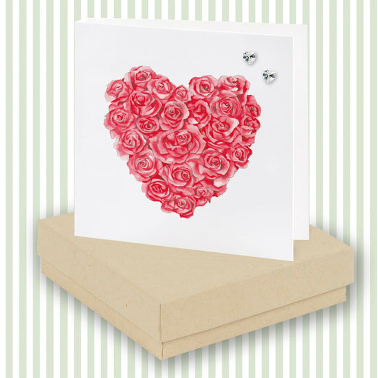 Red Rose Card with Sterling Silver Heart Earrings - Elegant Gift Boxed Jewellery - Crumble and Core