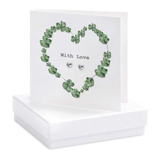 Sterling Silver Heart Stud Earrings and Shamrock Card - Thoughtful Gift - Crumble and Core