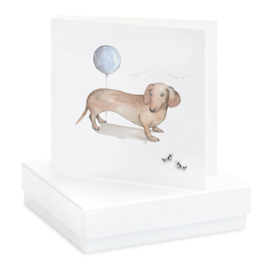 Sterling Silver Heart Stud Earrings with Sausage Dog Greeting Card - Gift Boxed - Crumble and Core
