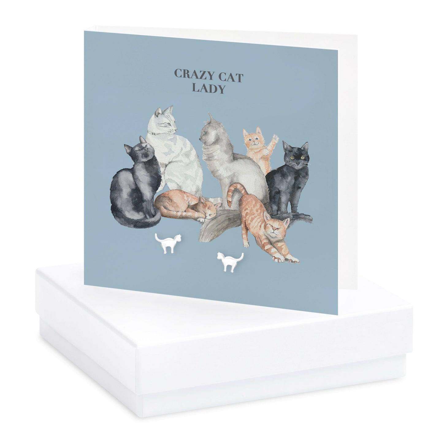 Sterling Silver Cat Stud Earrings - Hand Finished Gift Card for Cat Lovers - Crumble and Core