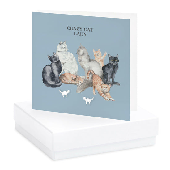 Sterling Silver Cat Stud Earrings - Hand Finished Gift Card for Cat Lovers - Crumble and Core
