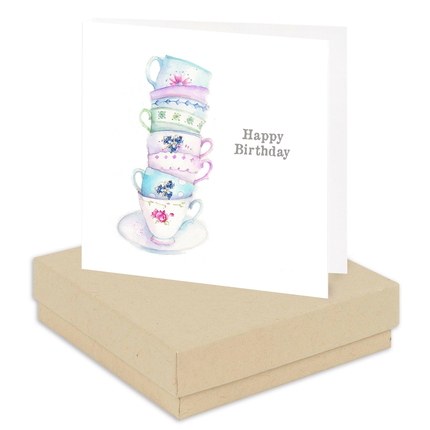 Sterling Silver Crystal Stud Earrings with Birthday Card - Vintage Tea Cup Design - Crumble and Core