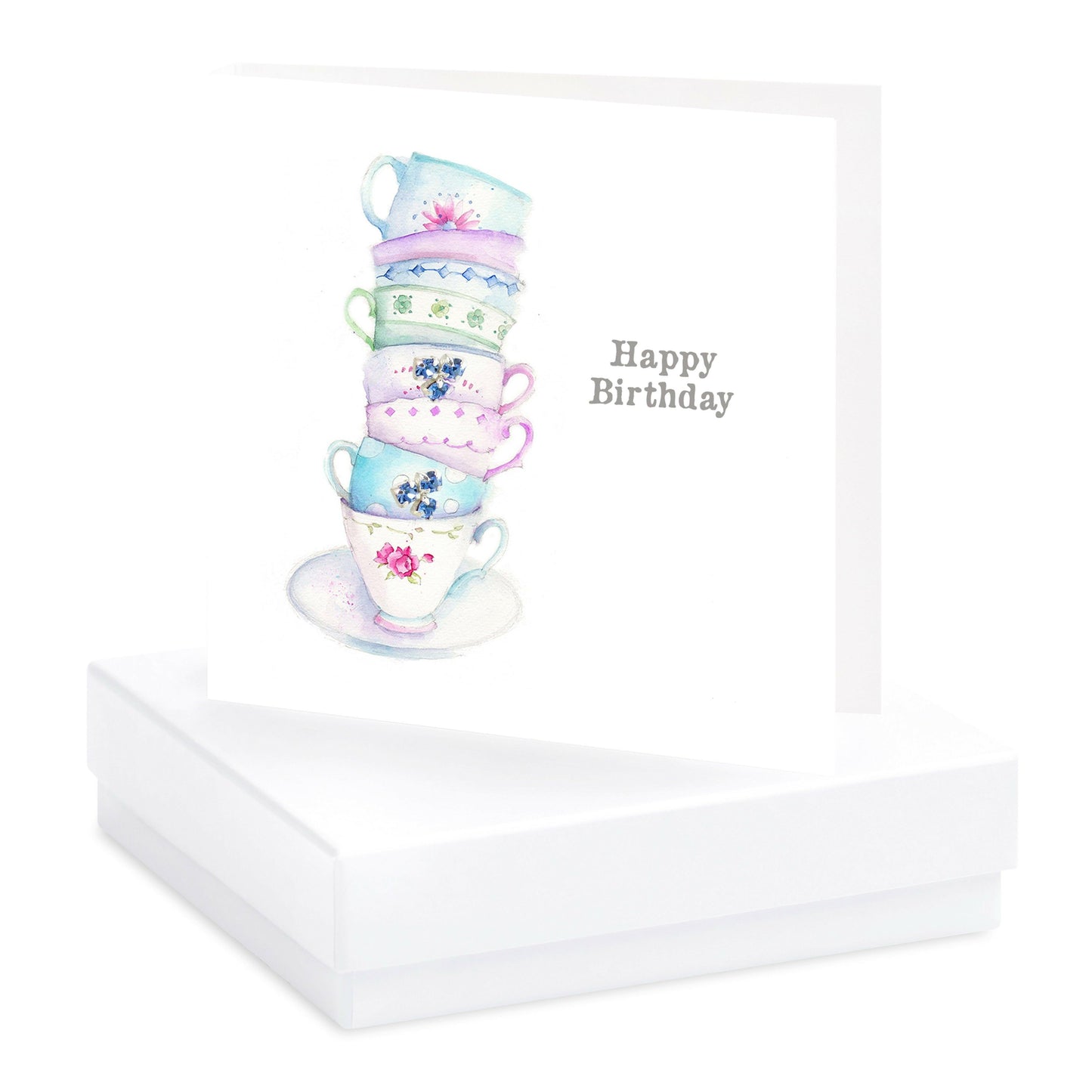 Sterling Silver Crystal Stud Earrings with Birthday Card - Vintage Tea Cup Design - Crumble and Core