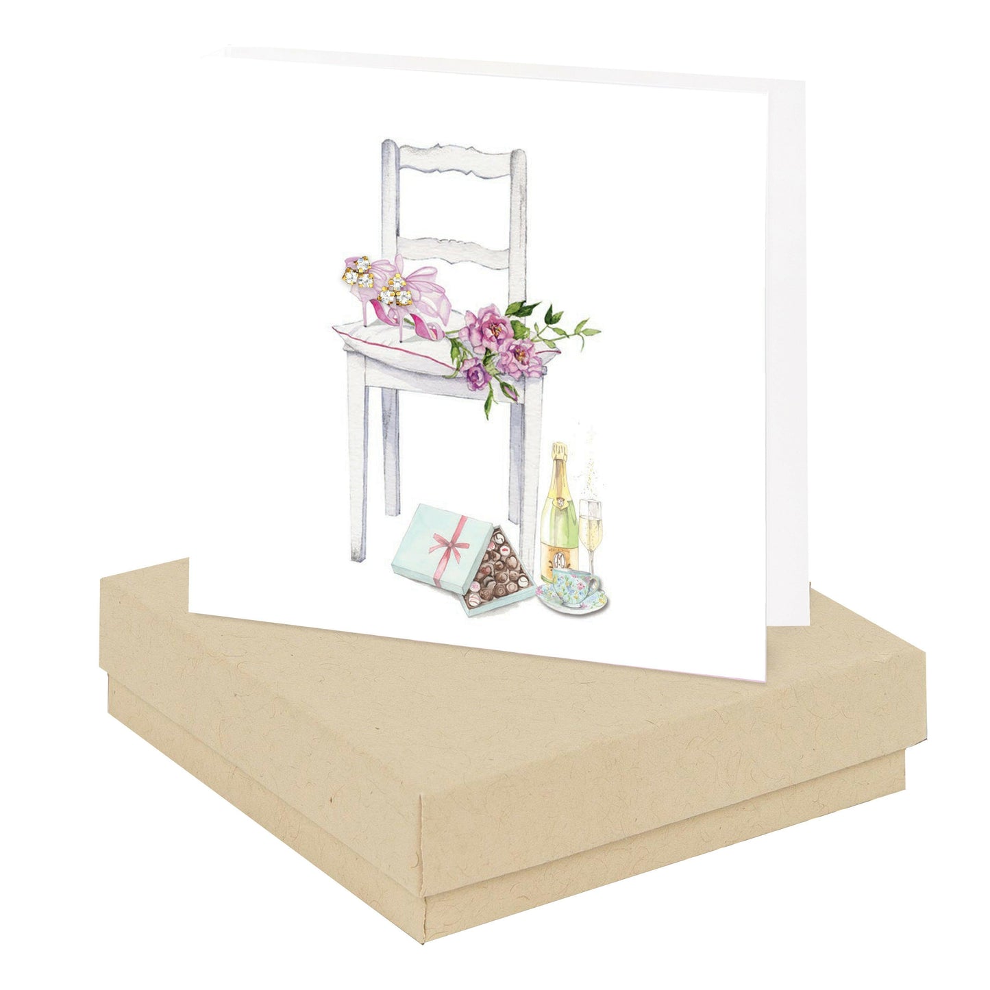 24K Gold Plated Sterling Silver Triple CZ stud Earrings on Chair & Champagne-Boxed Gift - Crumble and Core