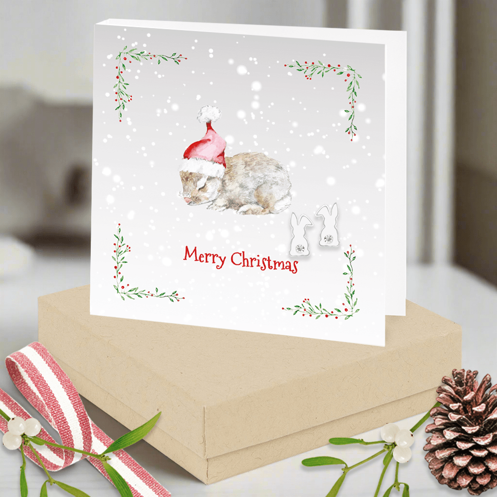 Sterling Silver Christmas CZ Bunny Earrings Card and Gift Box - Crumble and Core