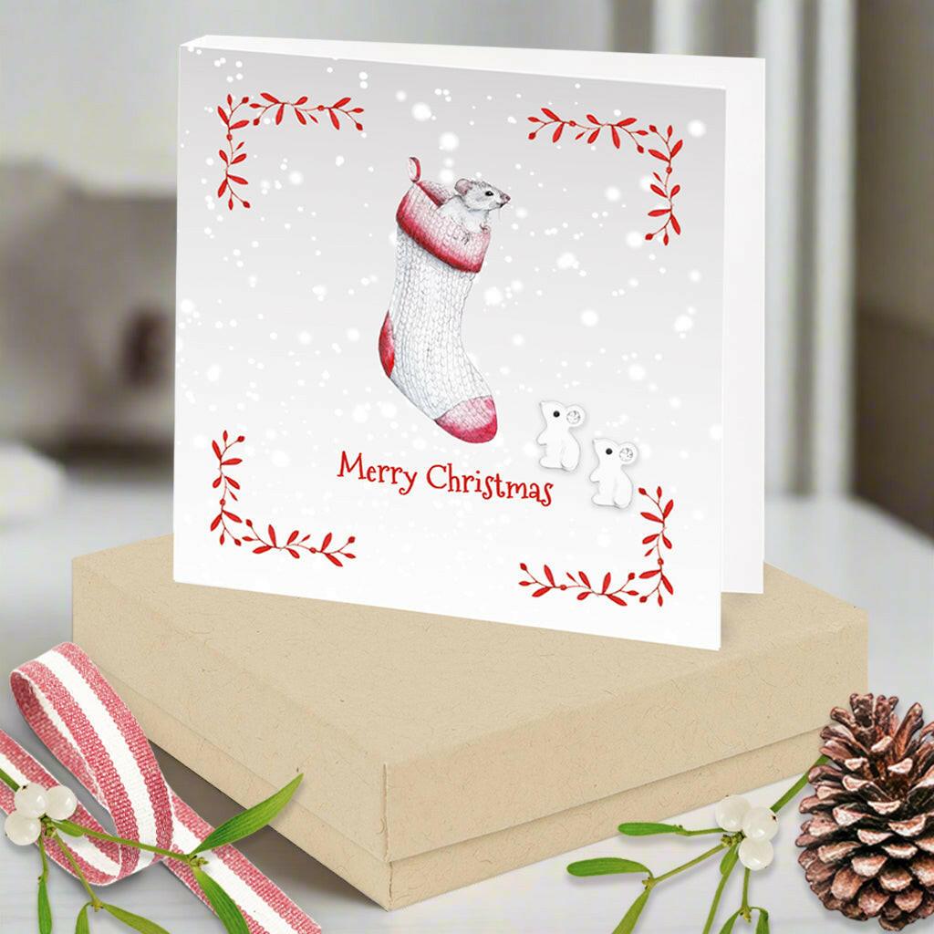 Sterling Silver Christmas Mouse Earrings Card and Gift Box - Crumble and Core