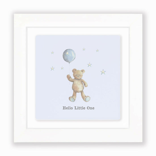 Hand Finished Ceramic Framed Tile Print - Blue Teddy & Balloon Design - Nursery Decor - Newborn Gifts - Crumble and Core