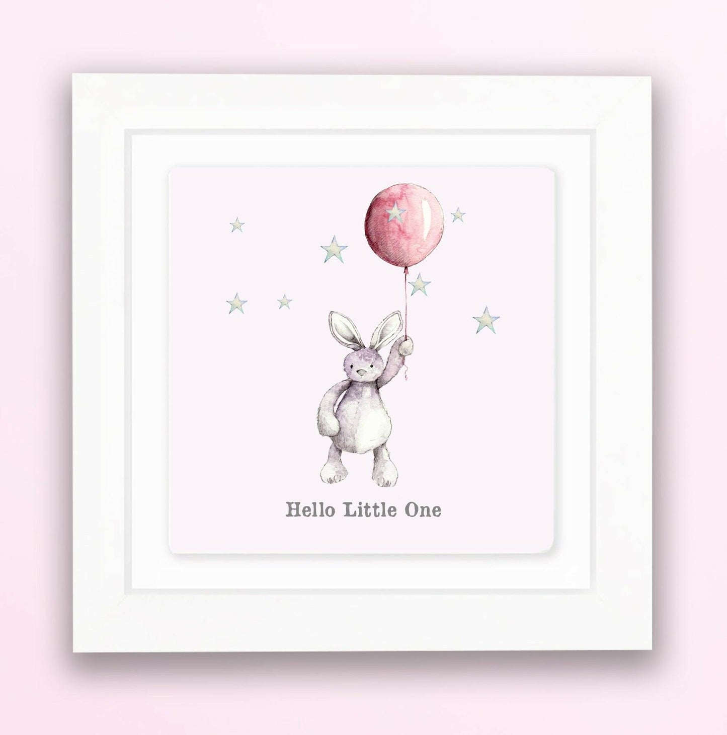 Hand Finished Ceramic Framed Tile Print - Pink Bunny & Balloon Design - Nursery Decor - Newborn Gifts - Crumble and Core