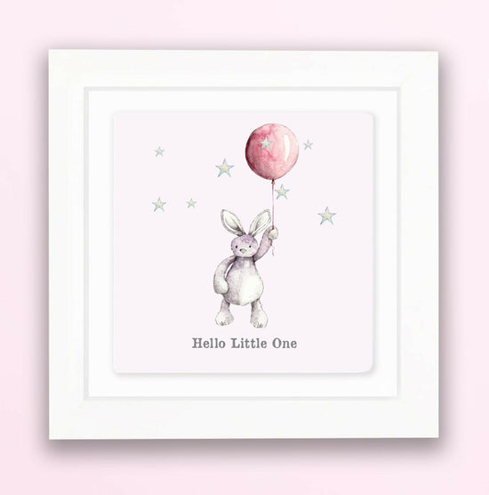 Hand Finished Ceramic Framed Tile Print - Pink Bunny & Balloon Design - Nursery Decor - Newborn Gifts - Crumble and Core
