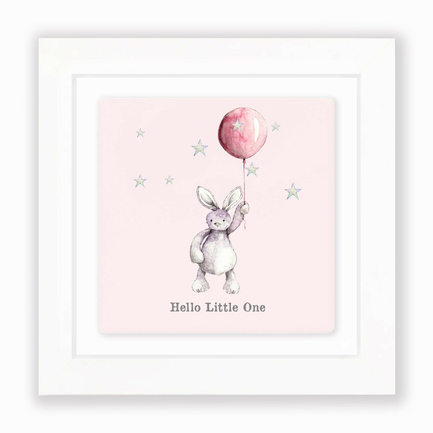 Hand Finished Ceramic Framed Tile Print - Pink Bunny & Balloon Design - Nursery Decor - Newborn Gifts - Crumble and Core