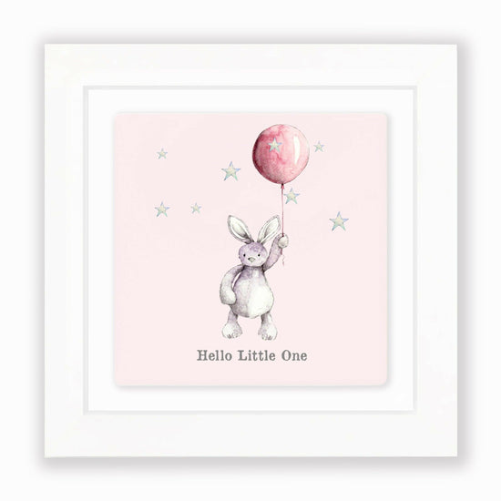 Hand Finished Ceramic Framed Tile Print - Pink Bunny & Balloon Design - Nursery Decor - Newborn Gifts - Crumble and Core