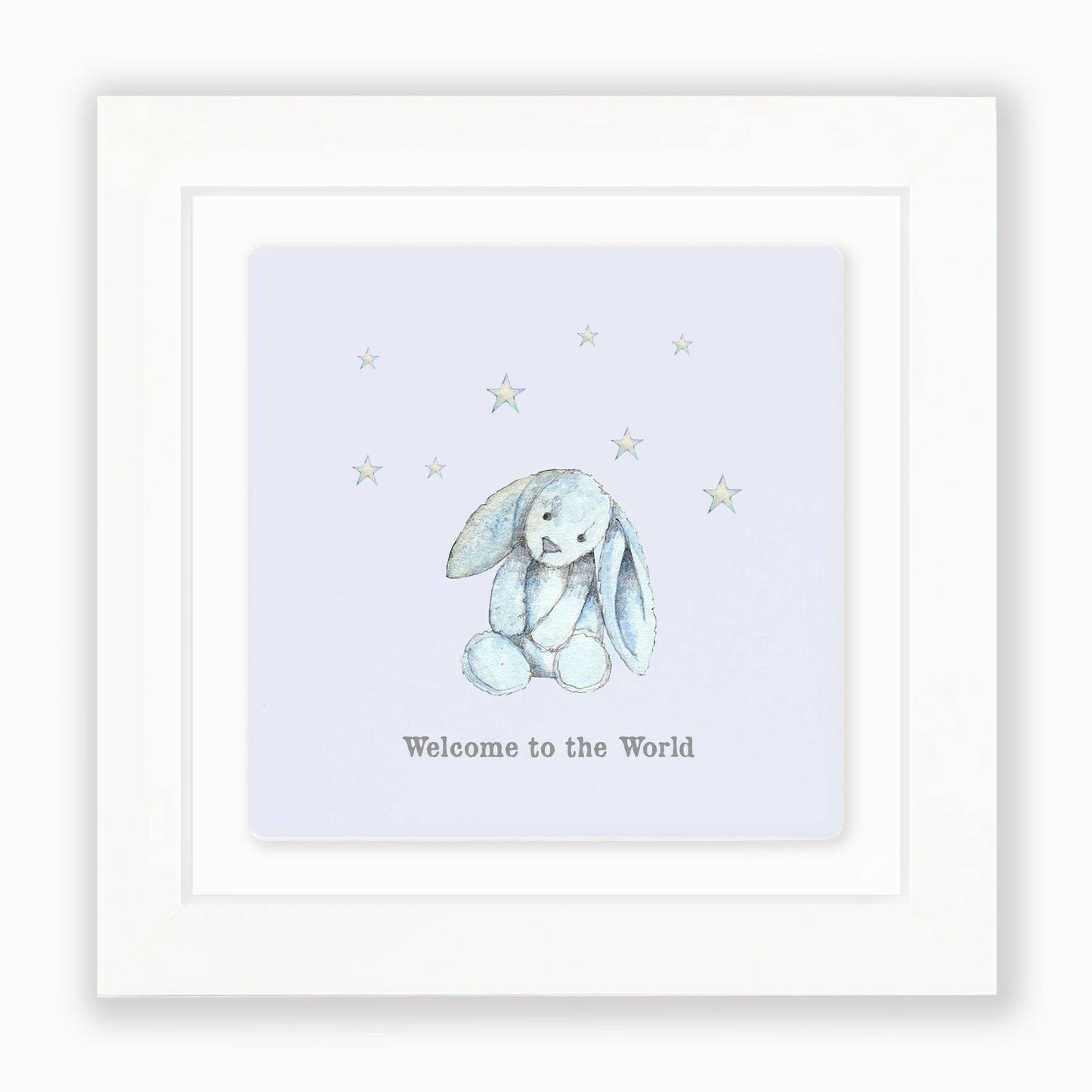 Hand Finished Ceramic Framed Tile Print - Blue Bunny Welcome To The World Design - Nursery Decor - Newborn Gifts - Crumble and Core