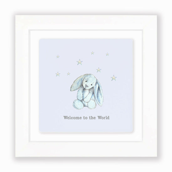 Hand Finished Ceramic Framed Tile Print - Blue Bunny Welcome To The World Design - Nursery Decor - Newborn Gifts - Crumble and Core