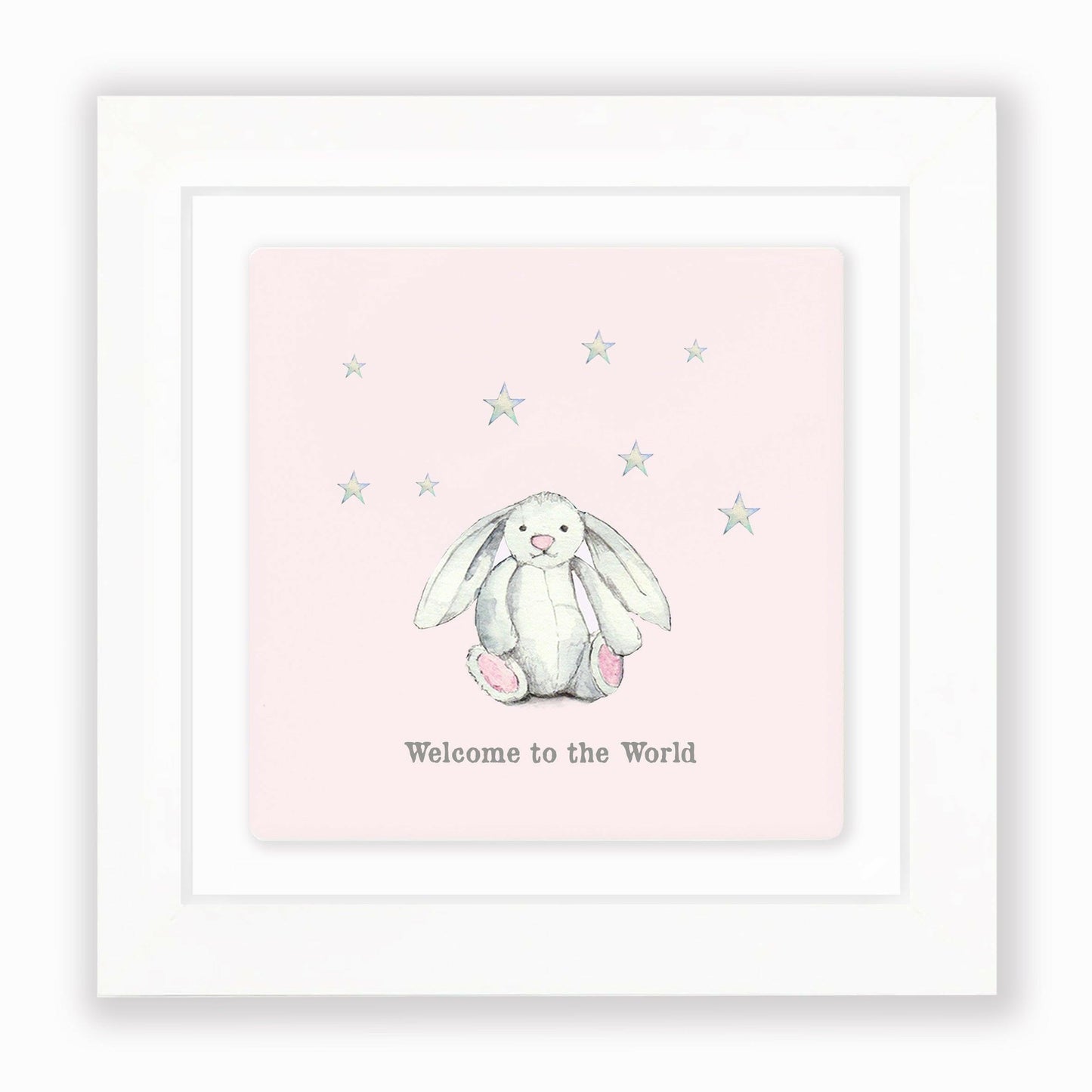 Hand Finished Ceramic Framed Tile Print - Pink Bunny Welcome To The World Design - Nursery Decor - Newborn Gifts - Crumble and Core