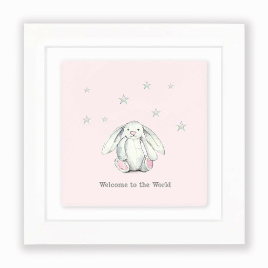 Hand Finished Ceramic Framed Tile Print - Pink Bunny Welcome To The World Design - Nursery Decor - Newborn Gifts - Crumble and Core