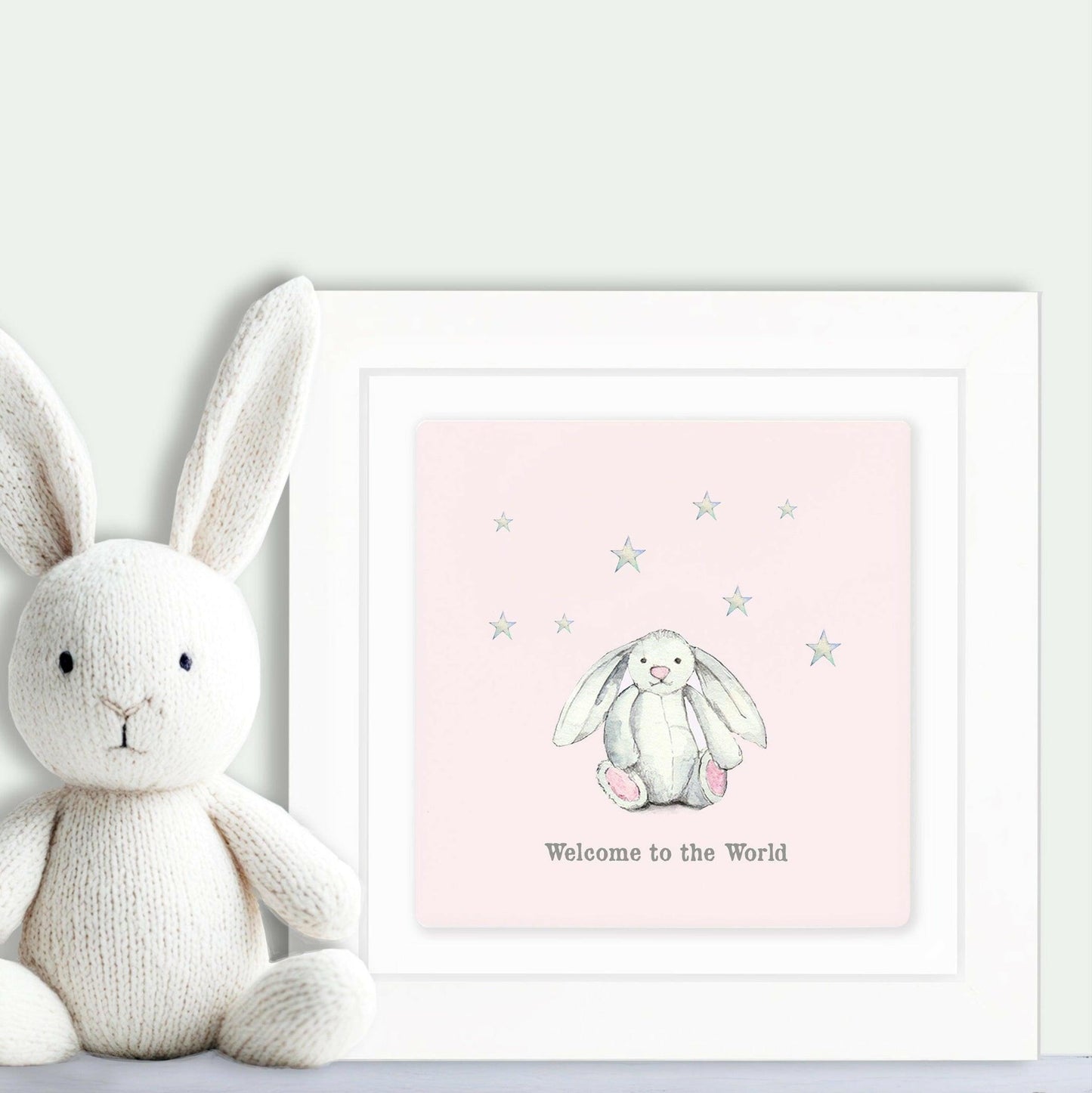 Hand Finished Ceramic Framed Tile Print - Pink Bunny Welcome To The World Design - Nursery Decor - Newborn Gifts - Crumble and Core