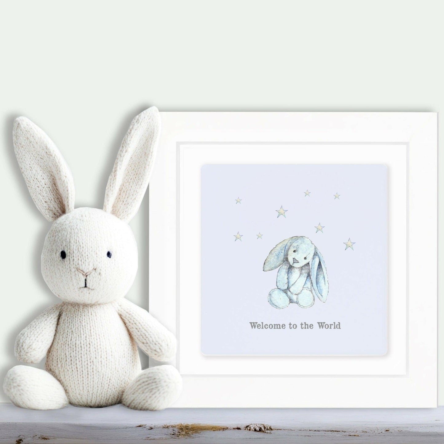 Hand Finished Ceramic Framed Tile Print - Blue Bunny Welcome To The World Design - Nursery Decor - Newborn Gifts - Crumble and Core